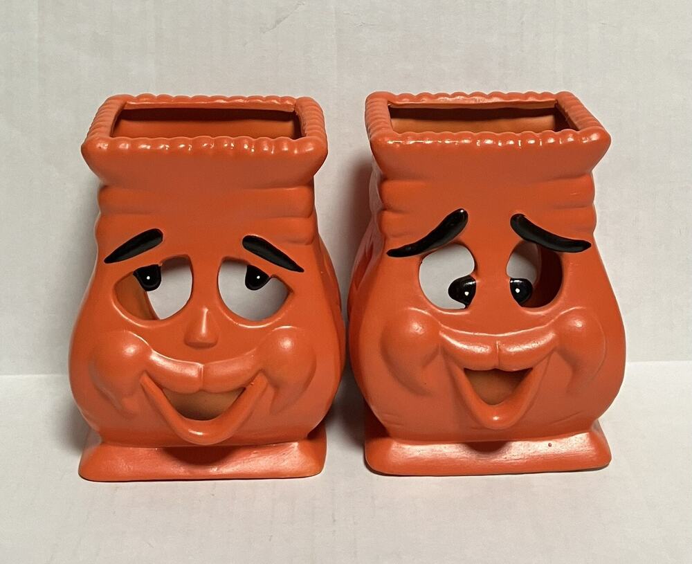 2 Vtg Ceramic Halloween Luminary Jack-O-Lantern Candle Holders Smiling Face EUC